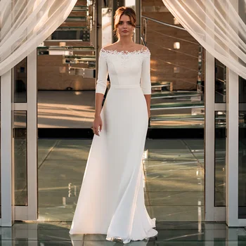 Простое свадебное платье с рукавами три четверти, аппликации, Платья невесты с круглым вырезом, Свадебное платье трапециевидной формы, Vestido De Noiva, Гражданский халат