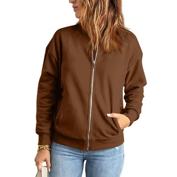 Осенняя женская куртка, повседневная толстовка, однотонная верхняя одежда на молнии, Свободное рабочее пальто с длинным рукавом, Женская уличная одежда