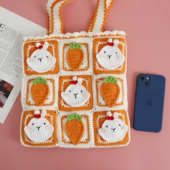 Креативная сумка ручной работы из шерсти мультяшного кролика с крючком, плетеная сумка через плечо, милая бабушкина клетчатая сумка через плечо