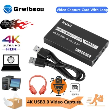 Grwibeou Карта Видеозахвата 4K USB 3,0 с Петлей HDMI 1080P 60fps HD Видеомагнитофон Граббер Для OBS Захвата игровой карты в реальном времени