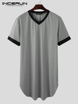 INCERUN/ Новая Мужская Ночная Рубашка, Модный Халат для Сна в стиле Пэчворк, Однотонная Пижама, Халат с коротким рукавом, Свободная Ночная Рубашка С V-образным вырезом, S-5XL 2023