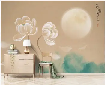 обои 3 d на заказ любого размера фреска в китайском стиле ретро чернилами цветок лотоса луна домашний декор фотообои в гостиной