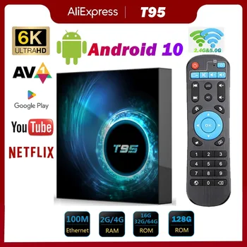 Новый T95 TV Box Android 10 4 ГБ 64 ГБ 128 ГБ Allwinner H616 Четырехъядерный 6K HD 3D H.265 Ethernet 2,4/5G Двойной WIFI BT 5,0 телеприставка