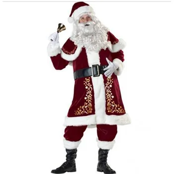 M-XXXL 2019 Новый Роскошный Бархатный Рождественский костюм Санта-Клауса для взрослых, мужской костюм, перчатки + шаль + шляпа + одежда + пояс + чехол для ног + перчатки
