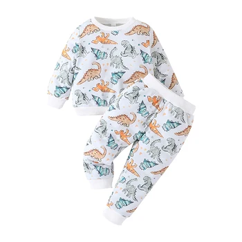 Комплекты осенних штанов для маленьких мальчиков, толстовка с круглым вырезом и длинными рукавами, комплекты штанов с рисунком динозавра