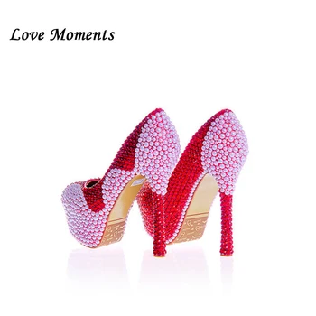 Винно-красные женские свадебные туфли с кристаллами, белые жемчужные туфли для невесты, женские свадебные туфли на платформе, Туфли на высоком каблуке со стразами