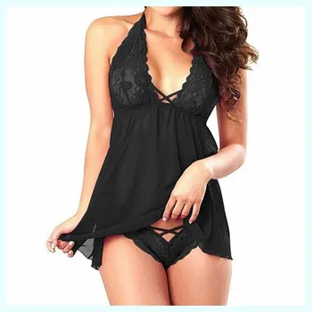 Women'S Sexy Lingerie Mesh Halter Black Nightdress Suspender Pajamas Women'S Nightwear Women'S Pajamas нижнее белье женское