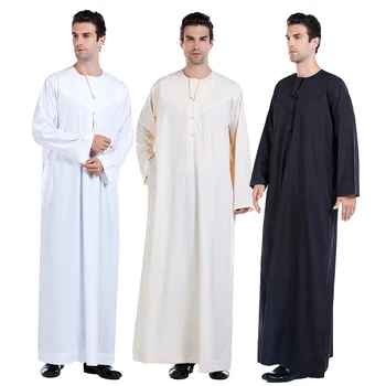 Мусульманский мужской Халат с длинным рукавом и круглым вырезом, Однотонный халат с узлом и пуговицами, Арабский мужской Халат для взрослых Длиной до щиколоток, Одежда для Рамадана Ид