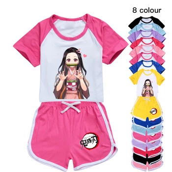 Demon Slayer / Детская Летняя одежда с рисунком для маленьких Девочек и мальчиков, Хлопковая футболка + Шорты, Комплект из 2 предметов, Детская одежда, Спортивные костюмы