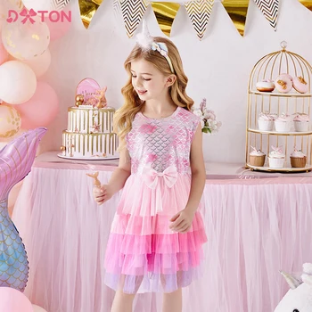 Платья принцессы DXTON для девочек Детское платье с бантом без рукавов из тюля, Праздничное платье для девочек на День рождения, детская летняя одежда для девочек