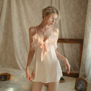 Сексуальная ночная рубашка женская с глубоким V-образным вырезом эротическая ночная рубашка с кружевными оборками эротическая пижама с бантом pure desire