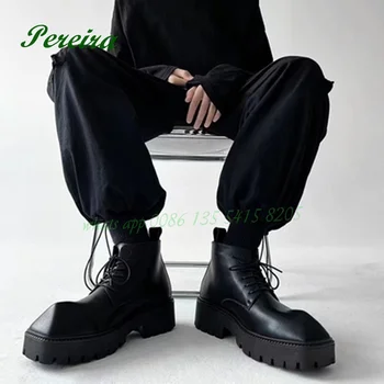 Кожаные туфли с квадратным носком; Мужские Кожаные ботинки в Британском стиле на толстой подошве; Официальные ботинки из рога Носорога; Цвет Черный; Новинка 2023 Года; Дизайн; Ботильоны на шнуровке