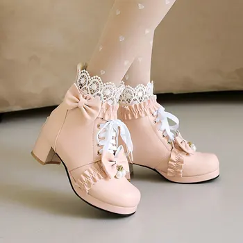 Модные ботинки принцессы на платформе, зимняя обувь, женская обувь в стиле Лолиты с кружевным бантом на не сужающемся книзу массивном каблуке, сапоги на молнии для девочек, большие размеры28-43
