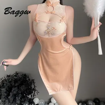 Женская сексуальная форма Чонсам в китайском стиле, ретро, Косплей, прозрачная вышивка на груди, Женское белье с высоким разрезом, соблазнение в ночном клубе