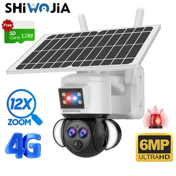 Солнечная камера SHIWOJIA 3K 6MP 4G с 12-кратным Оптическим Зумом, Двухобъективная Наружная Камера с Гуманоидным Отслеживанием CCTV AI, Красно-Синяя световая сигнализация