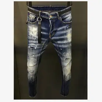 2023 Мужские Модные брюки из джинсовой ткани с высокой уличной резинкой, Модные Повседневные Джинсы с дырочками, окрашенные распылением A215