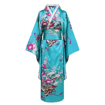 Женское японское Кимоно, халат, платье с V-образным вырезом, атласное вечернее платье для выпускного вечера, Винтажный костюм для Косплея, платье с длинным рукавом, Размер Onesize