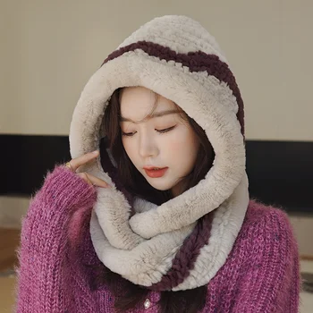 Корейская зимняя теплая меховая шапка, Роскошный Женский шарф из 100% меха кролика Рекс, Новая уличная мягкая шапка-шарф для предотвращения простуды