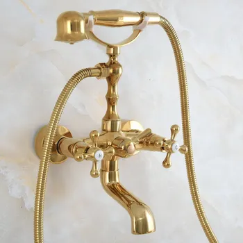 Роскошный Латунный кран для ванны в форме телефона Золотого Цвета, 2 ручки, настенное крепление, смеситель для душа с горячей и холодной водой