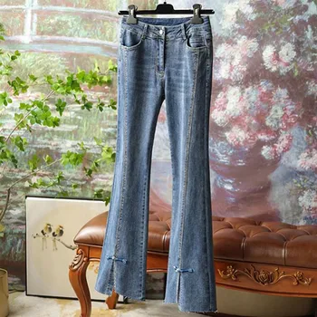 Весна 2023, модные джинсы-клеш с разрезом, расшитые бисером, женские, с высокой талией