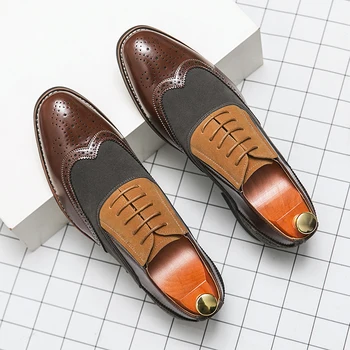 Новая мужская обувь на блочной подкладке из искусственной кожи, разноцветные деловые модельные туфли с резьбой на шнуровке, удобные классические мужские туфли больших размеров 38-48