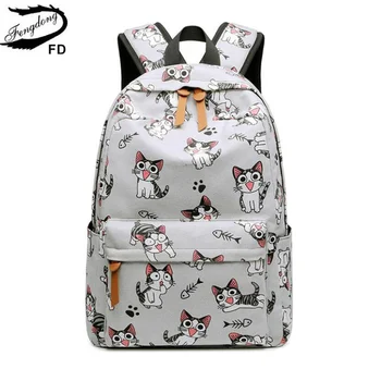 Школьные сумки Fengdong для девочек-подростков, школьный ранец, детские рюкзаки, холщовый школьный рюкзак с милым животным принтом, детская сумка с котом