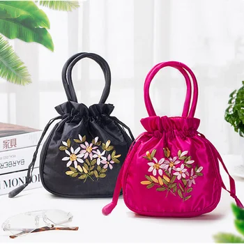 Женская сумка-мешок с верхней ручкой, женская сумочка, сумка для телефона, Летний кошелек, сумки на шнурке с вышитым цветочным рисунком в национальном стиле