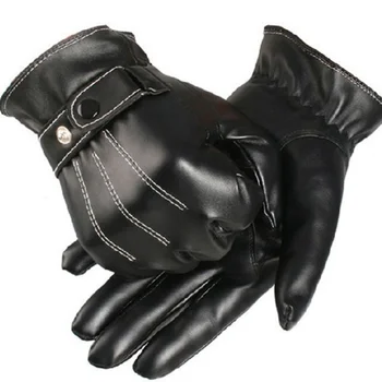 Перчатки Мужские Зимние кожаные Черные Перчатки на пуговицах, Теплые варежки, Роскошные мужские ветрозащитные перчатки для вождения из искусственной кожи