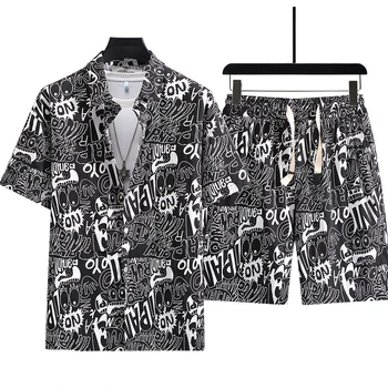 2023 Мужская модная летняя рубашка с мультяшным принтом и шорты с завязками на талии, мужской комплект из двух предметов из 100% хлопка, пляжная одежда больших размеров