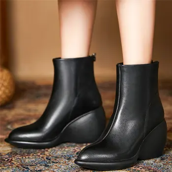 Зимние ботинки с высоким берцем, женские ботинки для верховой езды из натуральной кожи на массивном высоком каблуке, Женские туфли-лодочки на платформе с острым носком, Повседневная обувь
