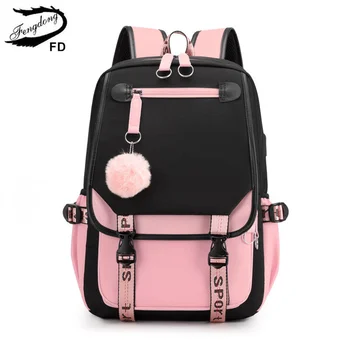 Большие школьные сумки Fengdong для девочек-подростков, USB-порт, холщовая школьная сумка, сумка для студенческих книг, черный розовый школьный рюкзак для подростков