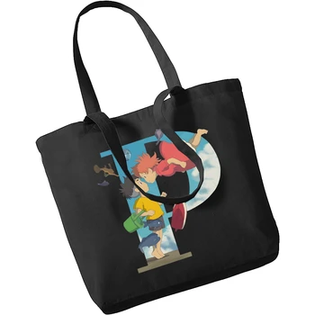 Многоразовая сумка для покупок с принтом Ponyo, Женские холщовые сумки-тоут, эко-сумка с принтом, Мультяшные сумки на плечо для покупателей