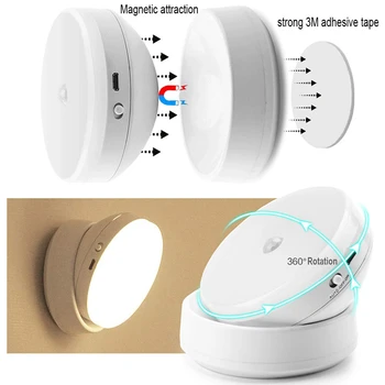 Светодиодный ночник Зарядка через USB Датчик движения с Поворотом на 360 Градусов Беспроводные светодиодные настенные светильники Освещение спальни Для коридора Домашней ванной комнаты