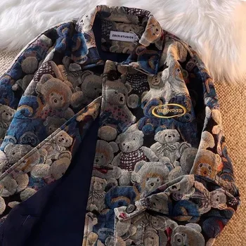 Осенне-зимняя модная повседневная куртка с отворотом и принтом милого медведя для мужчин и женщин, однобортный пиджак 2022, новая женская одежда
