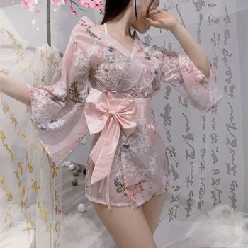Сексуальное Кимоно с вышивкой Сакуры, Японская Одежда, Соблазнительный Розовый Синий Классический Прозрачный Халат, Халат с Поясом, Пижамный Костюм