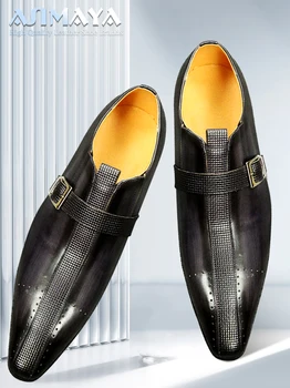 Новая мужская обувь из натуральной кожи, Модная кожаная обувь-Оксфорды с пряжкой, Офисная обувь, ремешок с острым носком, мужское платье для свадебной вечеринки