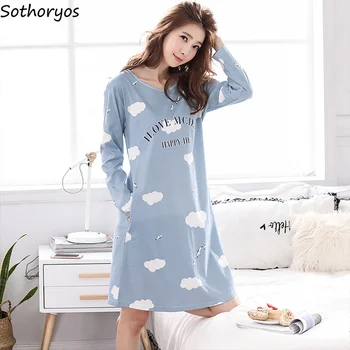 Весенние ночные рубашки с длинным рукавом и принтом, Женская Дышащая Свободная Комфортная домашняя одежда Для Отдыха Sweet Lounge LeisureM-3XL, пижамы, Лидер продаж