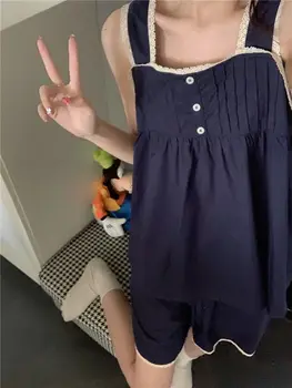 Корейская версия Женской летней Пижамы на подтяжках, Новый Высококачественный Тонкий Свободный Комплект Одежды для Отдыха с Милым Кружевом для девочек
