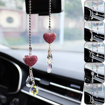 Креативный автомобильный кулон с зеркалом заднего вида, модный кулон с бриллиантами, персиковое сердце, хрустальное украшение, женские аксессуары для интерьера автомобиля