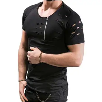 № 2 A1479, Рваная Мужская футболка, Облегающий мышечный Топ с круглым вырезом, Новая модная Летняя Повседневная футболка с дырками, короткий рукав, Мужская одежда