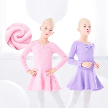 Балетное платье Плюс Флисовые платья, Балетная танцевальная одежда из плотного Бархата для девочек, Детское Зимнее Теплое Хлопчатобумажное платье-трико с бантом