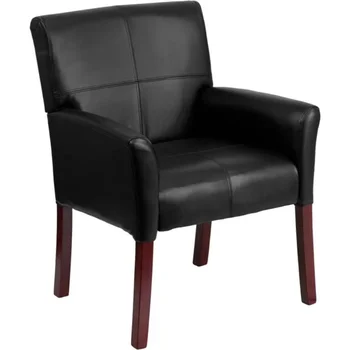 Роскошное Кресло для Приема Гостей из Черной мягкой кожи с Ножками из красного дерева