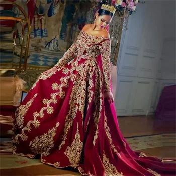 Роскошное бордовое свадебное платье для выпускного вечера Трапециевидной формы, женское атласное винтажное платье с открытыми плечами, длинным рукавом длиной до пола, с аппликацией