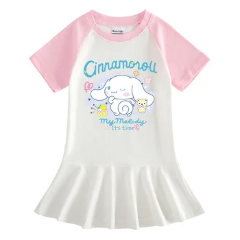 Новое милое платье для девочек Sanrio, Студенческая тонкая хлопчатобумажная плиссированная юбка в стиле Аниме Cinnamoroll, детская летняя одежда с короткими рукавами из мультфильма