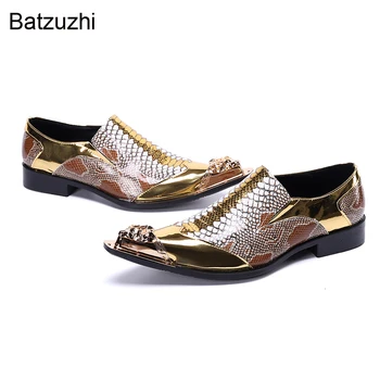 Batzuzhi/ Мужские кожаные модельные туфли с острым носком; Роскошная Мужская обувь ручной работы; Золотые Оксфорды без застежки для Мужчин; Вечерние/Свадебные, EU38-46