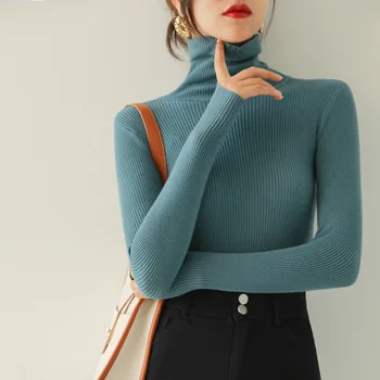 Осенние женские свитера Корея Япония Стильный длинный рукав в рубчик, базовые однотонные зимние Элегантные женские вязаные пуловеры C5123