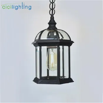 Античный алюминиевый сплав + стеклянный абажур Наружные подвесные светильники, Подвесной светильник-фонарь для крыльца с прозрачным стеклянным абажуром