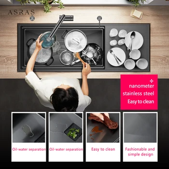 ASRAS 304 нержавеющая сталь невидимый черный нано ручной набор раковин для мытья посуды, большой однощелевой кухонный таз для мытья посуды, утолщенный