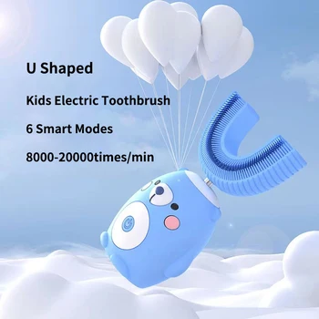 Детская Электрическая зубная щетка с 360 градусами, U-Образная, с мультяшным рисунком, Перезаряжаемая Силиконовая звуковая Зубная щетка для детей, Умный Таймер