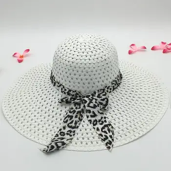 Красивая соломенная шляпа с защитой от ультрафиолета, удобный декор в виде леопардового банта, женская пляжная шляпа с широкими полями, дышащая пляжная шляпа, модные аксессуары